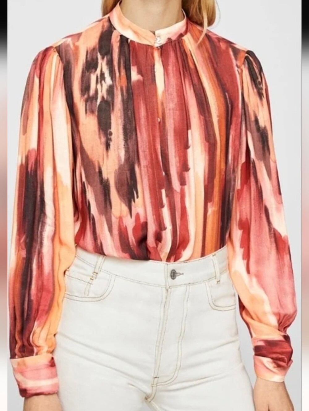 Mango Women's Button-down Blouse Orange Pink Ikat Print Sunset Core